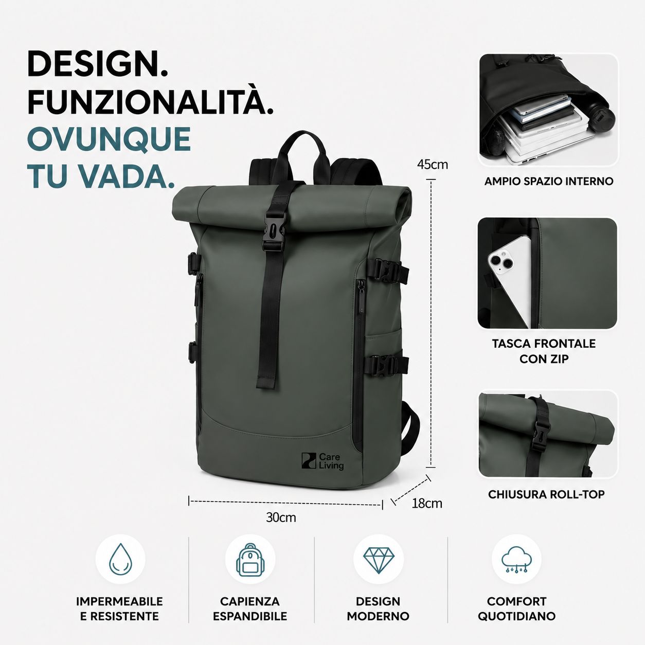 Zaino Roll-Top Impermeabile Urban Pro CareLiving®